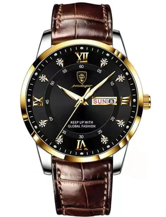 Mandotos luminous men's waterproof dual calendar watch with black dial, silver case, and luminous hands and markers.