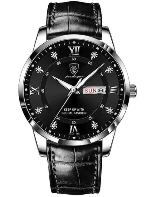 Luminous men's waterproof dual calendar watch by MANDOTOS showing time, date, and luminous hands on a black dial.