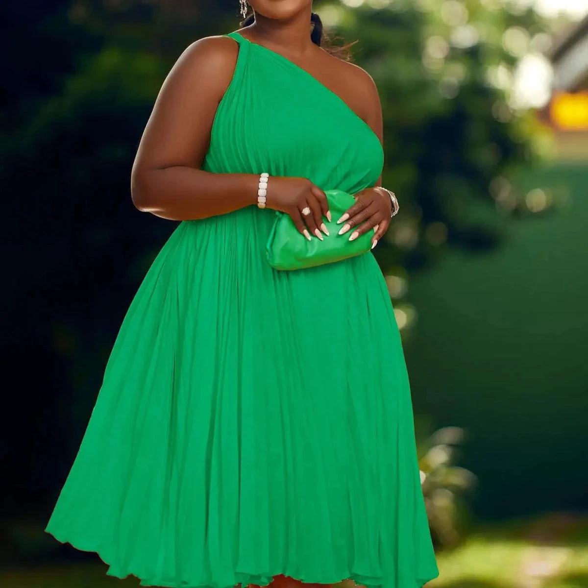 Mandotos Luxe Couture Ruffle Midi Dress with flowing pleats, elegant design, and feminine ruffle details for sophisticated style.