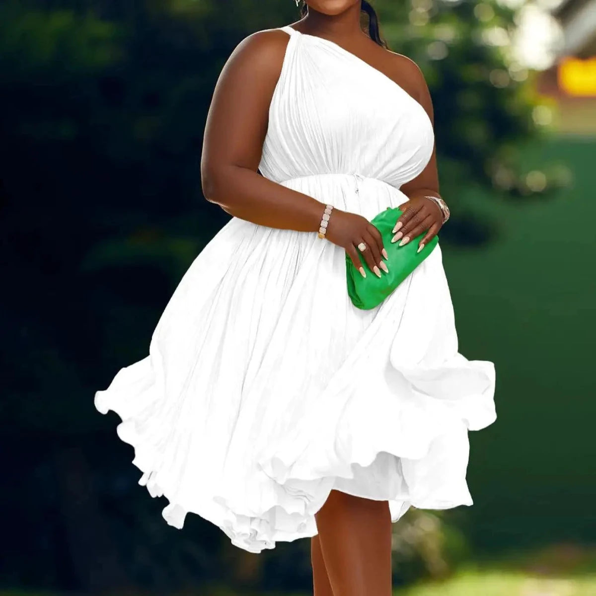 Mandotos Luxe Couture ruffle midi dress with flowing pleats, showcasing elegant, lightweight fabric and stylish design.