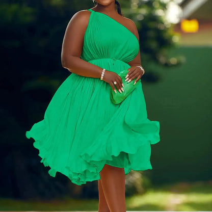 Mandotos Luxe Couture ruffle midi dress with flowing pleats, elegant design and feminine details for sophisticated style.
