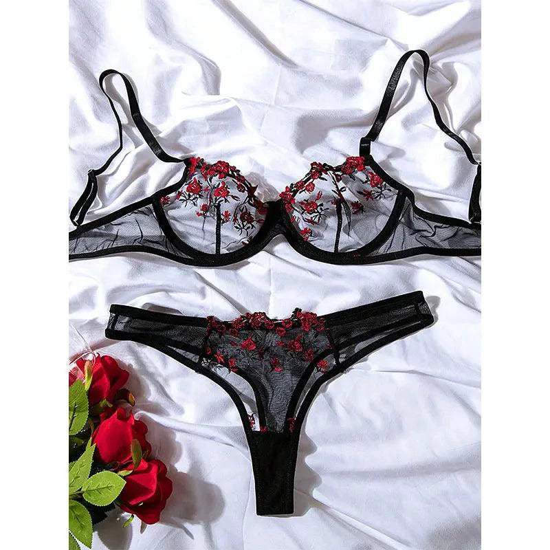 Mandotos Luxe Lingerie floral embroidery 2-piece set featuring delicate lace and satin fabric for a beautiful and alluring women's lingerie look.
