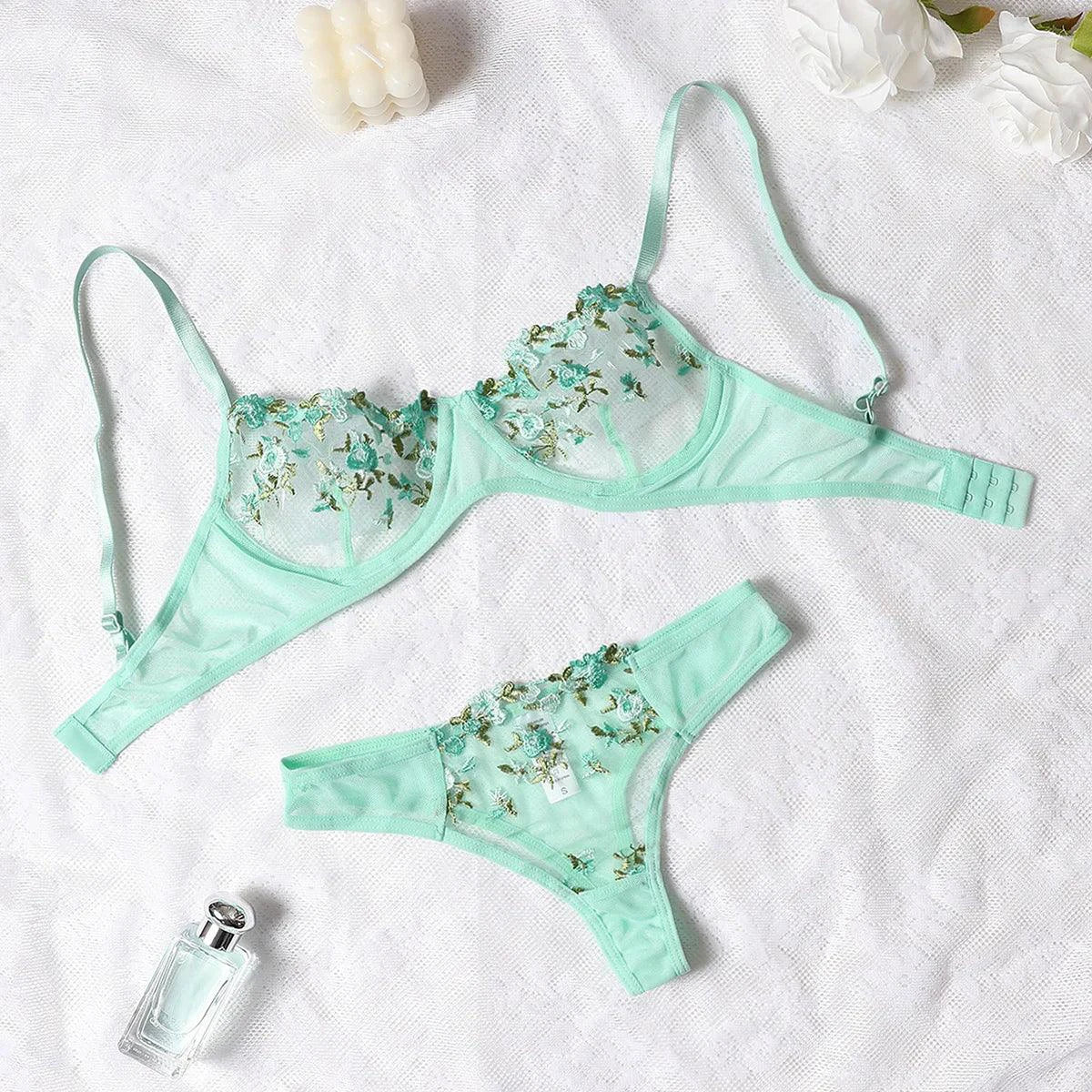 Mandotos Luxe Lingerie floral embroidery 2-piece set featuring delicate lace and intricate floral details, designed for elegant confidence.