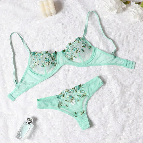 Mandotos Luxe Lingerie floral embroidery 2-piece set featuring delicate lace and intricate floral details, designed for elegant confidence.