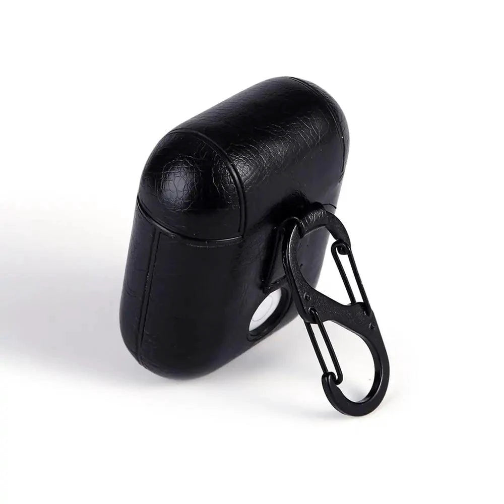 Mandotos Luxury AirPod leather protector showing sleek black leather case with precise cutouts for AirPods.