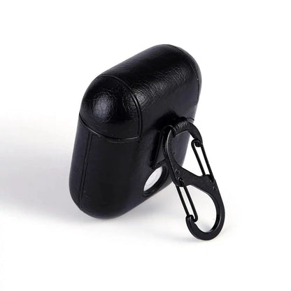Mandotos Luxury AirPod leather protector showing sleek black leather case with precise cutouts for AirPods.