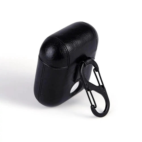 Mandotos Luxury AirPod leather protector showing sleek black leather case with precise cutouts for AirPods.