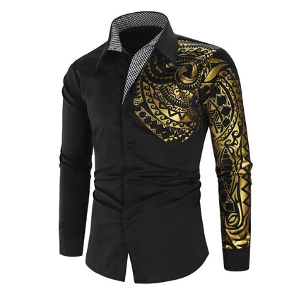 Mandotos luxury black men's slim fit long sleeve shirt with gold accents, stylish and modern for formal or casual wear.