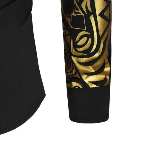 Luxury gold and black men's slim fit long sleeve shirt by MANDOTOS, stylish and modern for formal or casual wear.