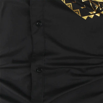 Mandotos luxury black gold men's slim fit long sleeve shirt, stylish and modern for formal or casual wear.