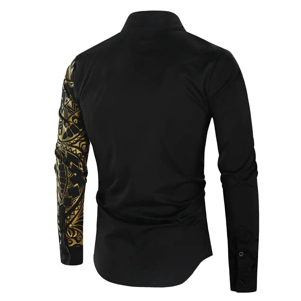 Mandotos luxury gold and black men's slim fit long sleeve shirt, stylish and modern for formal or casual wear.