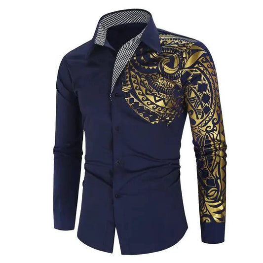 Mandotos luxury gold and black men's slim fit long sleeve shirt, stylish and modern for formal or casual wear.