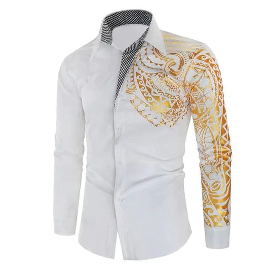 Luxury black and gold men's slim fit long sleeve shirt by MANDOTOS, stylish and modern for formal or casual wear.