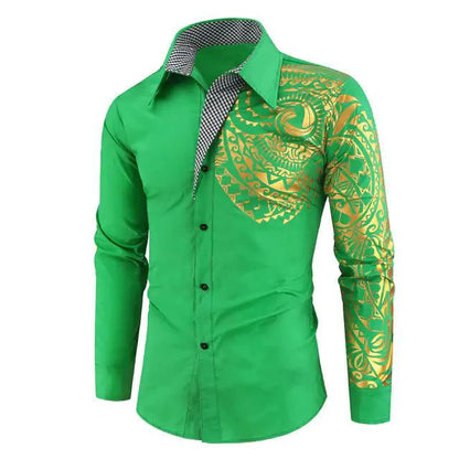 Mandotos luxury gold and black men's slim fit long sleeve shirt, stylish and modern for formal or casual wear.