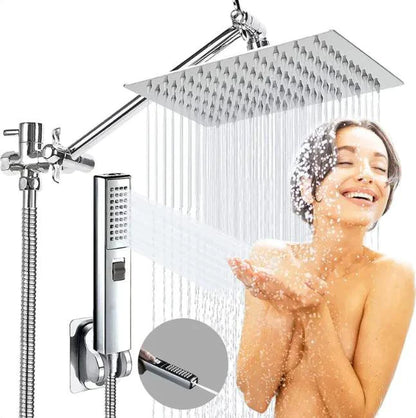 Luxury stainless steel MANDOTOS multifunction shower set with handheld showerhead and adjustable spray functions.