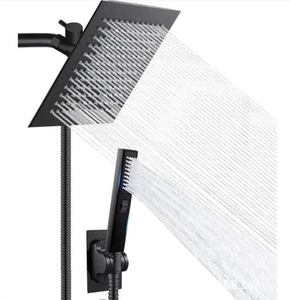 Luxury stainless steel MANDOTOS multifunction shower set with handheld and overhead shower heads, modern bathroom fixture.