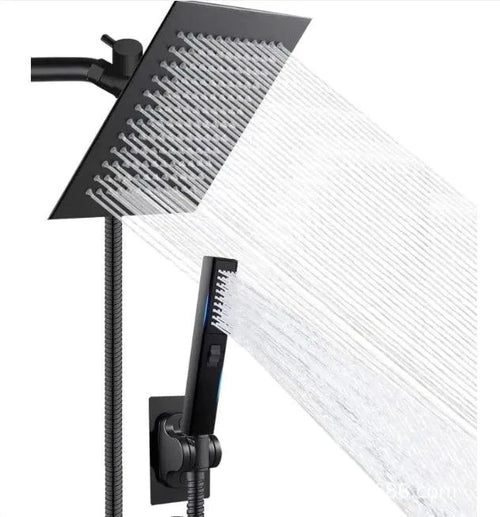 Luxury stainless steel MANDOTOS multifunction shower set with handheld and overhead shower heads, modern bathroom fixture.