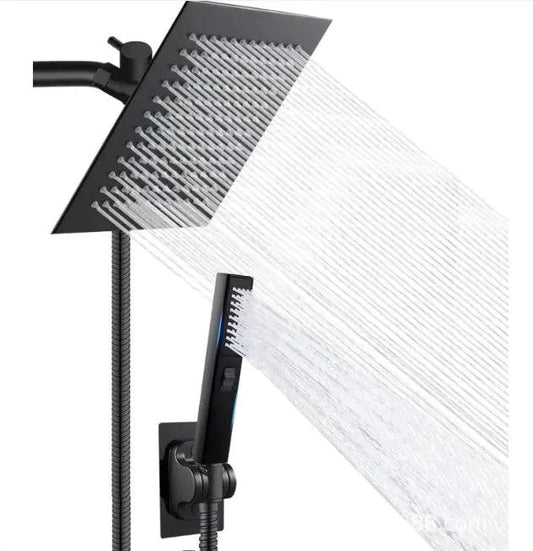 Luxury stainless steel MANDOTOS multifunction shower set with handheld and overhead shower heads, modern bathroom fixture.