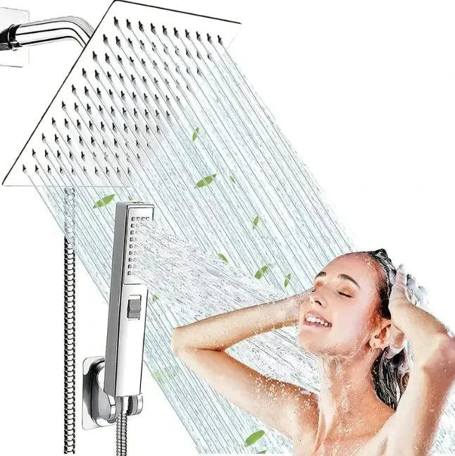 Luxury stainless steel MANDOTOS multifunction shower set with handheld and overhead shower heads for modern bathroom use.