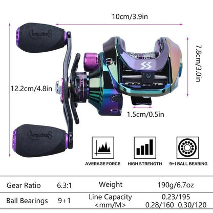 Mandotos MagnaCast precision fishing reel with metal body and smooth spool for professional fishing performance.