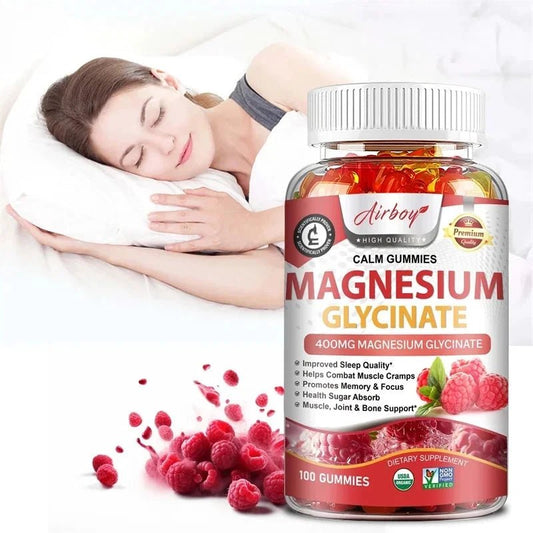 Mandotos Magnesium Glycinate Gummies in a jar, showing the colorful, chewable supplements for stress relief, sleep support, and muscle health.