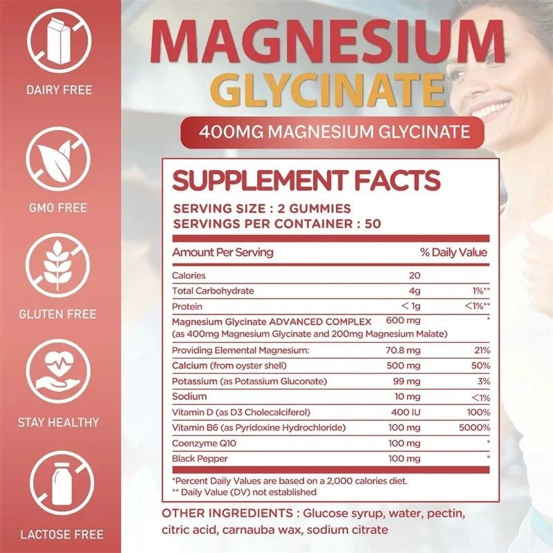 Mandotos Magnesium Glycinate Gummies in a bottle, designed to promote calm, relieve stress, support sleep, memory, concentration, and muscle health.