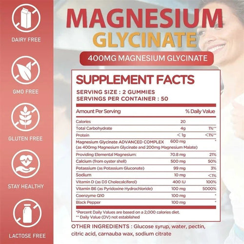 Mandotos Magnesium Glycinate Gummies in a bottle, designed to promote calm, relieve stress, support sleep, memory, concentration, and muscle health.