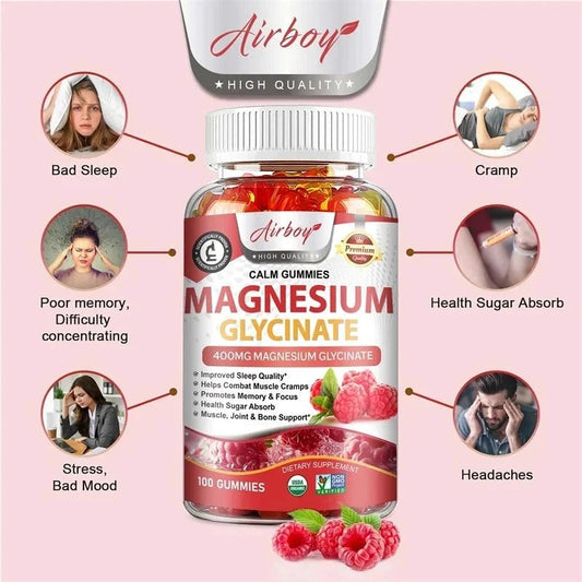 Mandotos Magnesium Glycinate Gummies in a bottle, designed to promote calm, relieve stress, support sleep, memory, and muscle health.