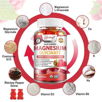 Mandotos Magnesium Glycinate Gummies in a bottle, designed to promote calm, relieve stress, support sleep, memory, and muscle health.