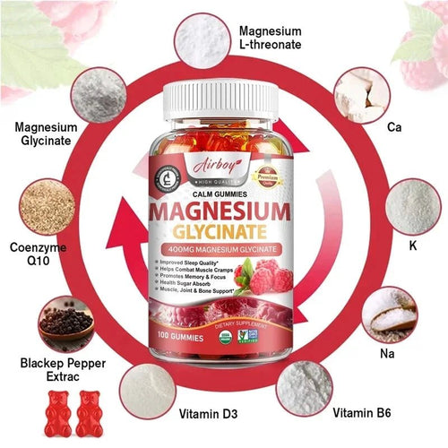 Mandotos Magnesium Glycinate Gummies in a bottle, designed to promote calm, relieve stress, support sleep, memory, and muscle health.