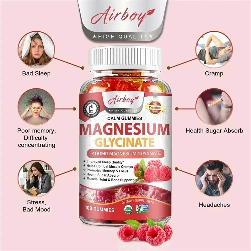 Mandotos Magnesium Glycinate Gummies in a bottle, designed to promote calm, reduce stress, support sleep, memory, and muscle health.