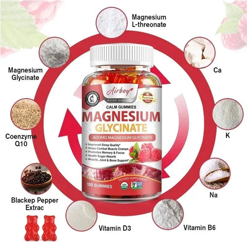 Mandotos Magnesium Glycinate Gummies for calm, stress relief, sleep support, memory, concentration, and muscle spasm relief, 120 pieces