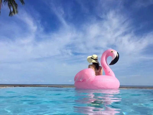 Mandotos Majestic Flamingo and Unicorn pool floats floating on water, vibrant and colorful inflatable summer accessories.