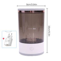 Mandotos makeup brush cleaner in a clear bottle, with a brush submerged in cleaning solution, ready for removing makeup residue