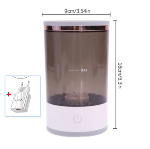 Mandotos makeup brush cleaner in a clear bottle, with a brush submerged in cleaning solution, ready for removing makeup residue