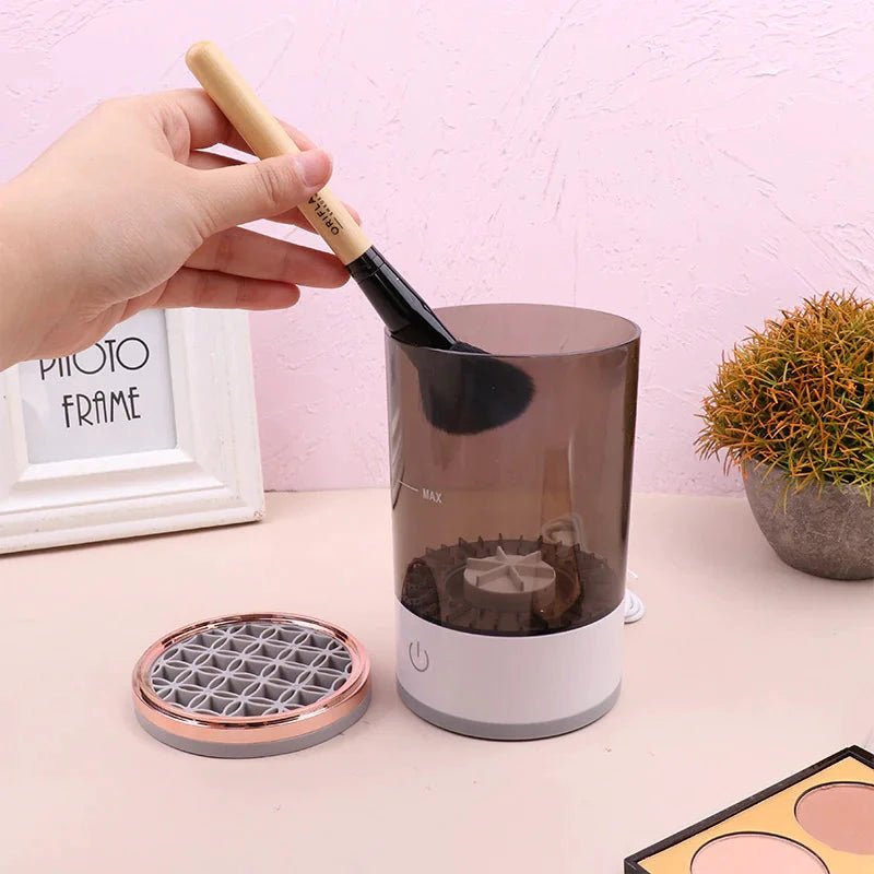 Mandotos makeup brush cleaner in a compact bottle with a pump dispenser for easy cleaning of cosmetics brushes.