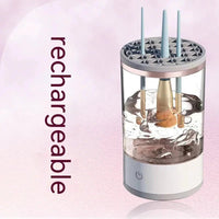Mandotos makeup brush cleaner bottle with brush cleaning solution and brush holder, set for easy makeup brush cleaning.