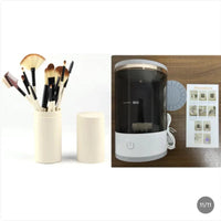 Mandotos makeup brush cleaner bottle with cleaning solution for brushes, featuring a clear container and brush holder.