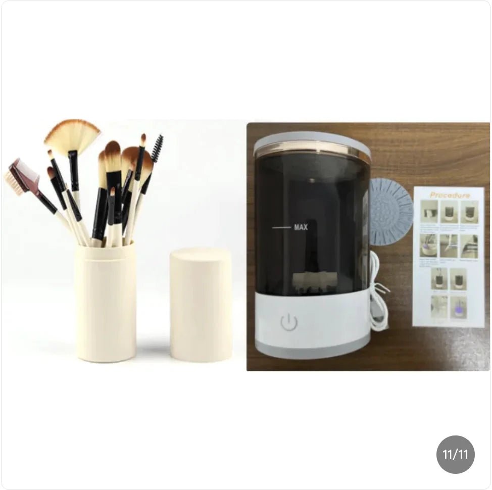 Mandotos makeup brush cleaner bottle with cleaning solution for brushes, featuring a clear container and brush holder.