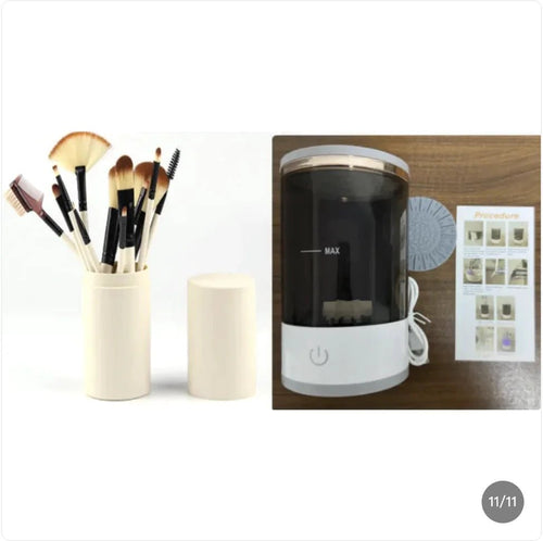 Mandotos makeup brush cleaner bottle with cleaning solution for brushes, featuring a clear container and brush holder.