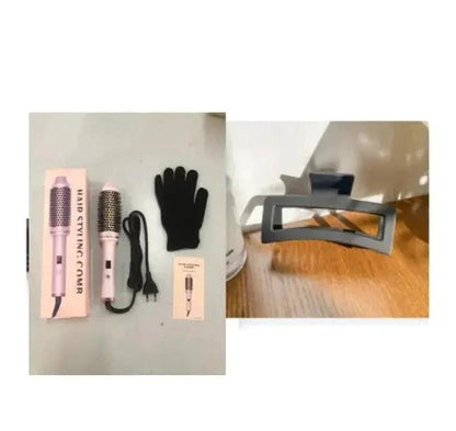 Mandotos 2-in-1 hair curler and straightener comb, black and silver, with ergonomic handle and heating plates for versatile styling