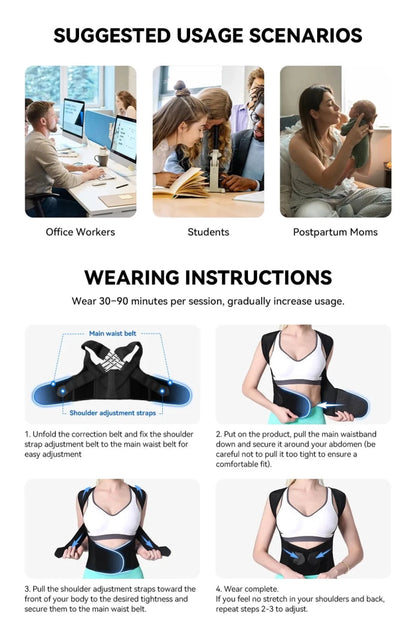 Mandotos adjustable back posture corrector belt for men and women, designed to relieve pain and prevent slouching.