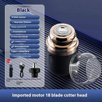 Mandotos black dual-purpose capsule shaver and nose hair trimmer with USB rechargeable design, compact and easy to use.
