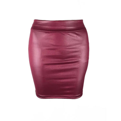 Mandotos black imitation leather mini skirt for women, high waist, Korean fashion style, suitable for summer wear.