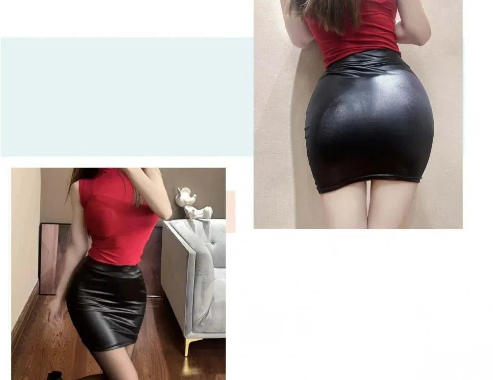 Mandotos black imitation leather high-waist pencil mini skirt for women, Korean fashion summer style, suitable for wholesale.