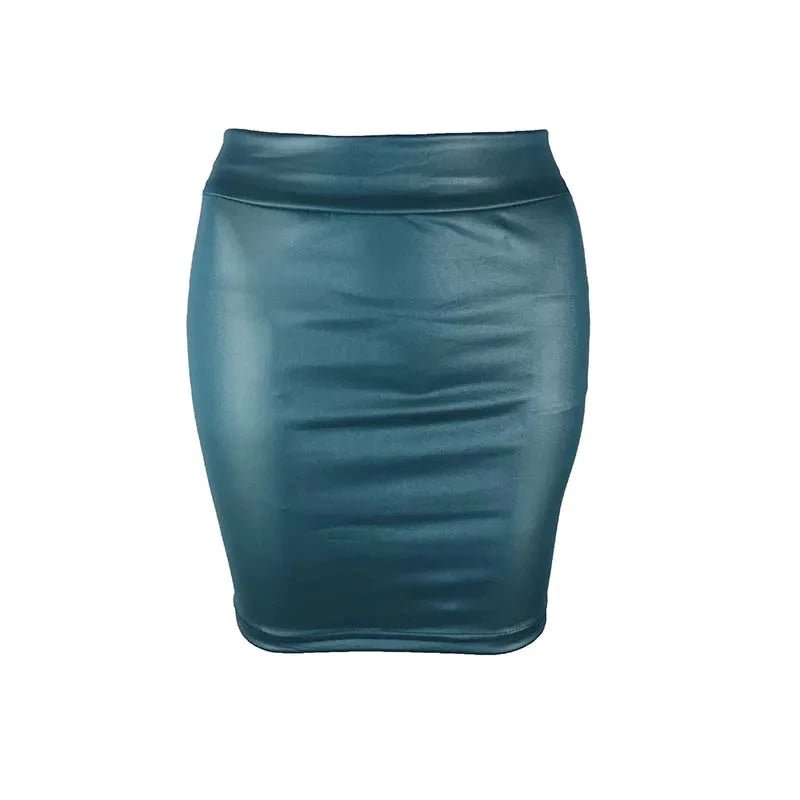 Mandotos black imitation leather high-waist pencil mini skirt, Korean fashion for women, suitable for summer wear.