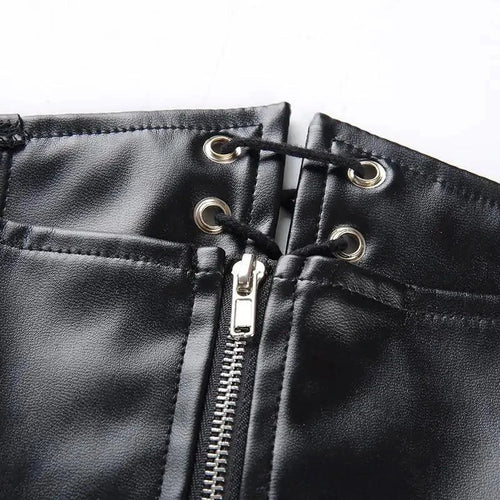 Mandotos black leather lace-up skirt with front lacing and fitted design, showcasing a stylish and edgy look.
