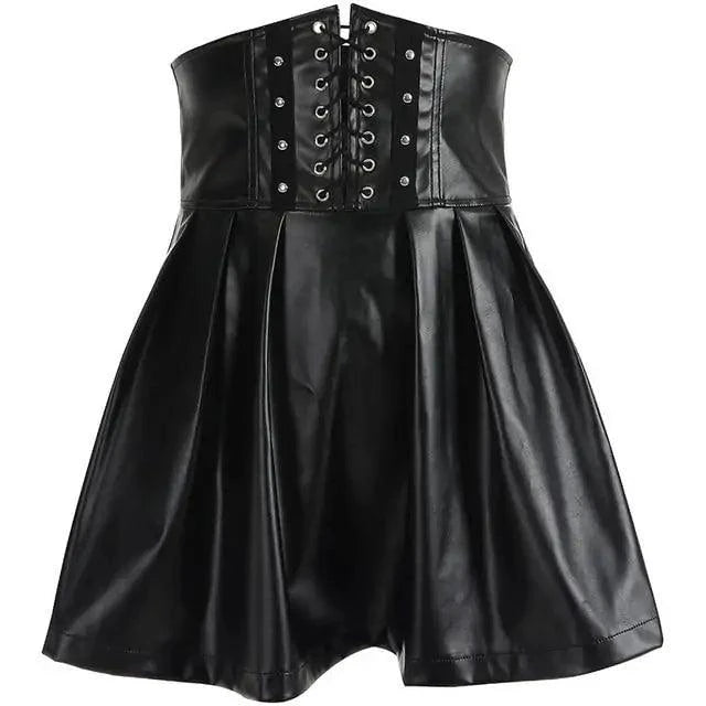 Mandotos black leather lace-up skirt with front lacing detail, fitted design, and high waist style.