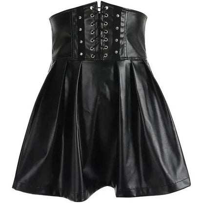 Mandotos black leather lace-up skirt with front lacing detail, fitted design, and high waist style.