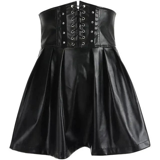Mandotos black leather lace-up skirt with front lacing detail, fitted design, and high waist style.
